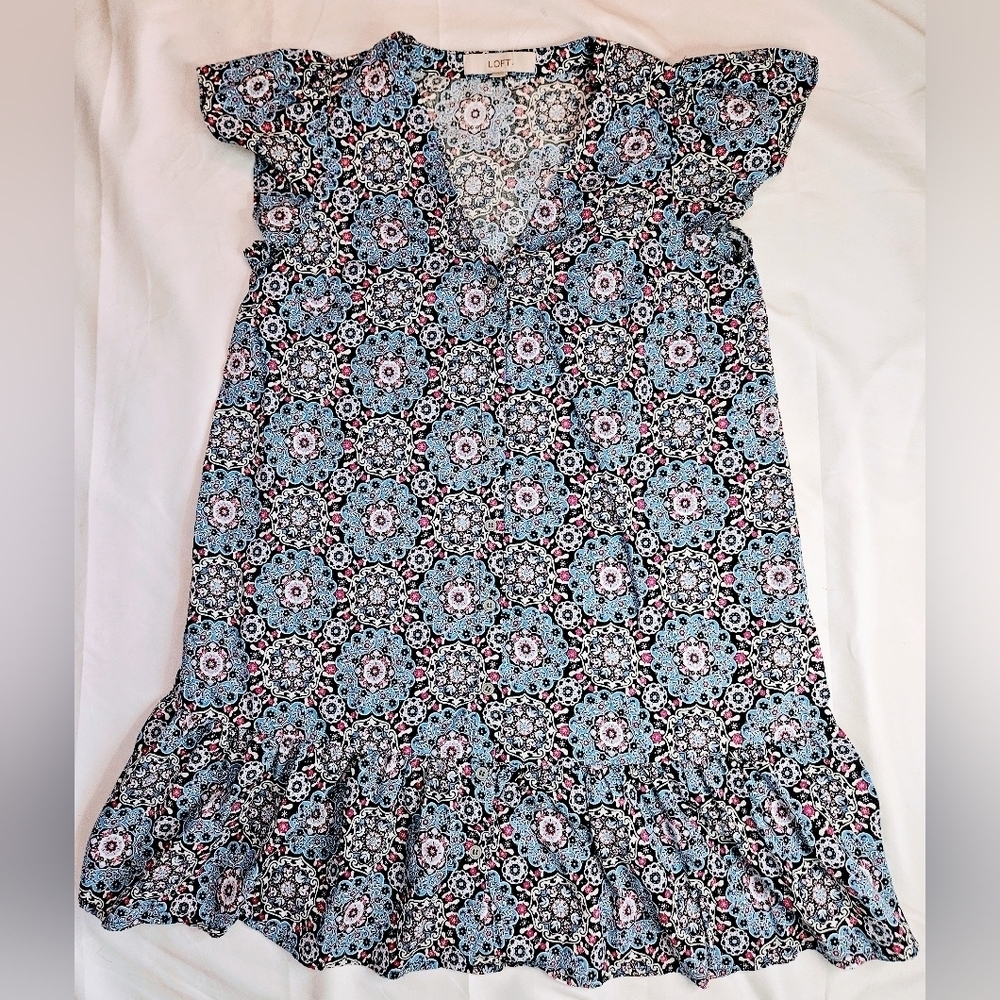 Loft Womens Blue Multicolor Patterned Short Sleeve Button Up Mini Dress Size XS